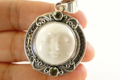 Moon Face Close Eye Bone Face Green Peridot 925 Sterling Silver Pendant - Image 1 of 4