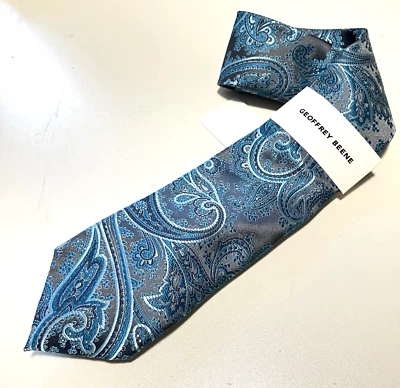 Geoffrey Beene 男式领带白金佩斯利蓝色灰色全新带标签 — 第 1/3 张图片
