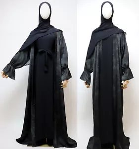Set 3 pezzi kimono aperto stampa farfalla raso abaya con abito interno nero verde - Foto 1 di 8