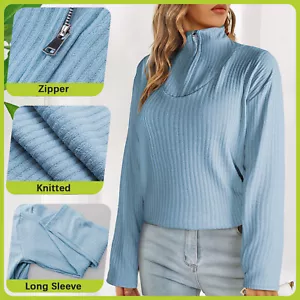 Women's Casual Half Zipper Solid Pullover Sweatshirt Long Sleeve Drawstring Tops - Picture 1 of 44