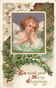 1911 Christmas Postcard Winged Angel & Pine Bough Germany X137 - Picture 1 of 2