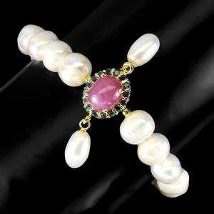 925 Sterling Silver Bracelet Oval Ruby 10x8mm Sapphire Pearl Gemstone Jewelry Sz - Picture 1 of 14