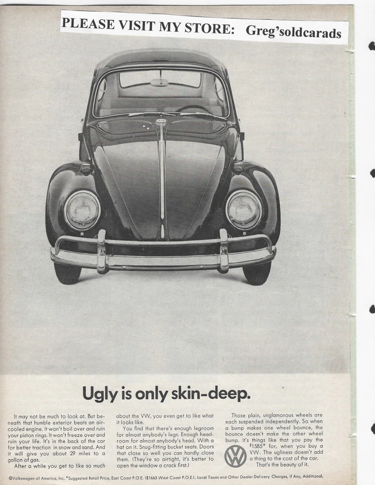 Volkswagen Beetle 1966 original anuncio impreso vintage: "Lo feo es solo la piel profunda. Foto 1 de 1