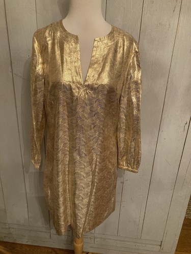 Mini abito Tory Burch oro metallizzato tubino maniche a 3 4 US donna taglia 8 seta