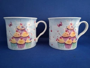 2 x Leonardo Collection Bone China Mugs - Cup Cakes Design - Blue - Picture 1 of 3