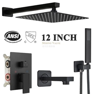 Matte Black Shower Faucet Set w/Valve 12" Rainfall Shower Head Combo Tub Filler - Picture 1 of 9