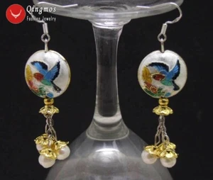 18mm Round White Cloisonne Earring for Women 6-7mm White Pearl Dangle Earring - Picture 1 of 5