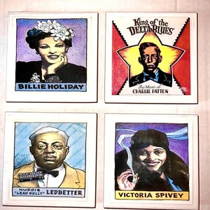 DIY 4 Handmade Ceramic & Felt Drink Coasters BLUES Leadbelly Patton Holiday 30’s - Bild 1 von 6