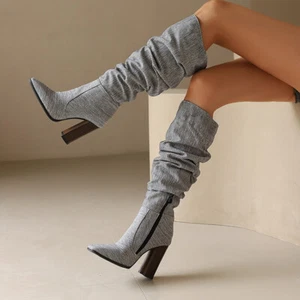 Casual Knight Womens Slouchy Combat Zip High Block Heels Ridding Knee High Boots - Picture 1 of 31
