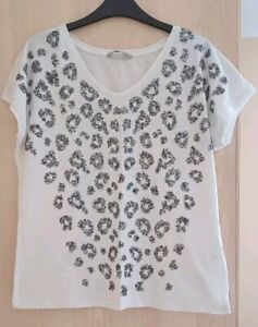 Ladies White Silver Sequined Pattern V Neck Top T Shirt 100% Cotton TU Size 14