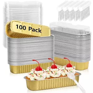 100 Pack Mini Loaf Pans with Lids and Spoons Disposable Aluminum Tin Foil Pans R - Picture 1 of 7