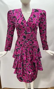 Vintage 80s Womens Floral Silk Dress Sz M Ruched Ruffles Surplice Shoulder Pads - Picture 1 of 10