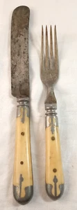J. Russell & co. Antique Butter Knife & Fort Set Flatware 1900s Pewter Bone - Picture 1 of 6