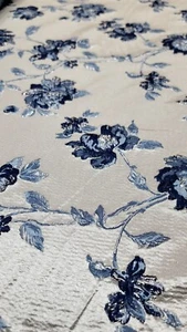 Brocade Fabric Sold By The Yard Navy Blue Floral On Beige Background Textured  - Picture 1 of 3