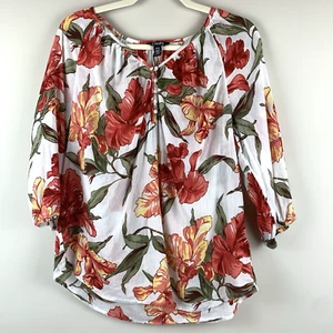 Chaps Bluse Oberteil Damen Medium weiß Blumen Baumwolle V-Ausschnitt 3/4 elastische Ärmel - Bild 1 von 10
