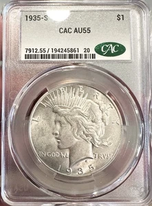 🔥 1935-S Peace Dollar $1 CACG CAC-Graded AU55 Final Year • Lustrous Key Date!! - Picture 1 of 2