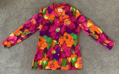 VTG 60S INDORABLES of CALIFORNIA HAWAIIAN DAYGLOW Floral Blouse-Bust 38"-NO BELT - Image 1 of 4