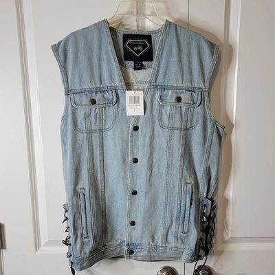 Diamond Plate Men's Sz Lg Biker Denim Motorcycle Vest Button Up Sleeveless Laces - Image 1 of 4