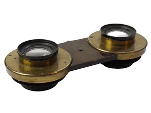 Stereo lens pair joined on Brass panel. Estimated 4 inch focal lengths. No Iris - Picture 1 of 4