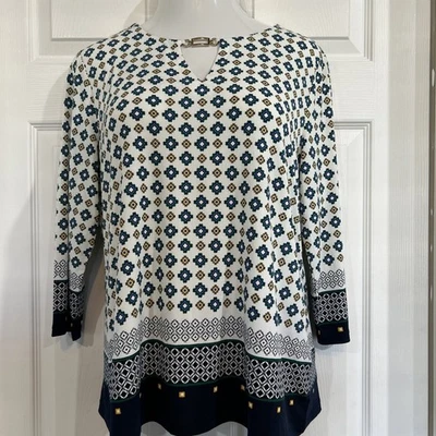 Charter Club Career Wear Women's L Tunic Blouse Stretch Knit Top Border Trim - Image 1 of 4