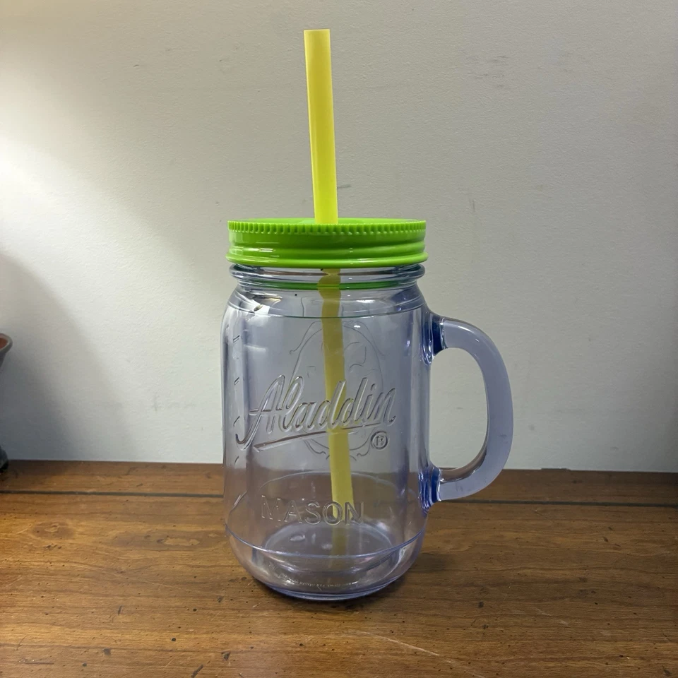 Vaso/taza de albañil aislado Aladdin azul agua con tapa verde y paja 20 OZ Foto 1 de 4
