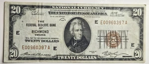 1929 $20 FEDERAL RESERVE BANK NOTE, E-RICHMOND VA, FR-1870E - VERY FINE & NICE! - Picture 1 of 6