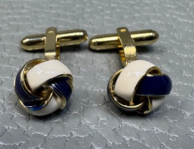 Blue and White Enamel Love Knot Yellow Gold Plated Cuff Links - Image 1 of 4