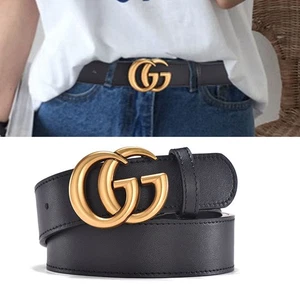 Goldene Schnalle Gürtel Damen Stilvoll Echtleder Vintage Schwarz förmlich Neu - Bild 1 von 10