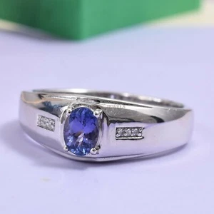 Natural Tanzanite Gemstone With 14K White Gold Plated Silver Ring for Men's #573 - Picture 1 of 12