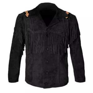 Men Western Cowboy Suede Fringe Jacket Beaded Native American Leather Jacket - Picture 1 of 4