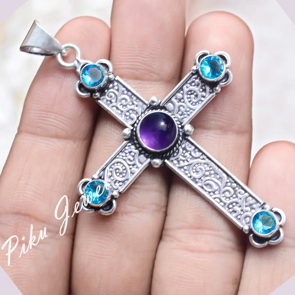 Ciondolo antico croce argento sterling 925 pietra preziosa topazio blu... - Immagine 1 di 4