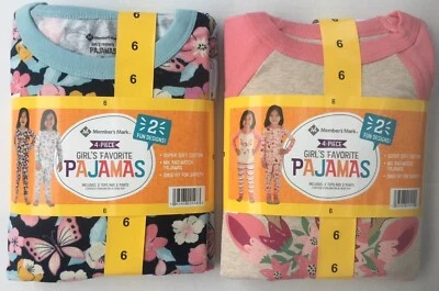 Girls 4 Pair Soft Knit Pajamas 8 Pieces Long Sleeves Size 6 Or 8 - Image 1 of 3