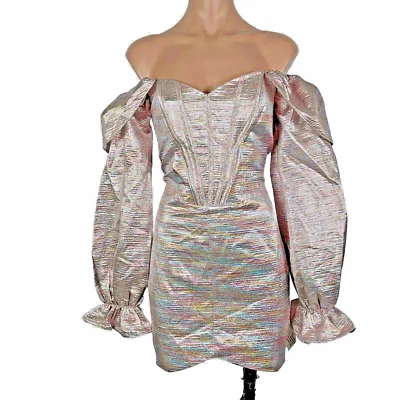 ASOS Women Design Luxe Off The Shoulder Minidress Puff Sleeve Pink Corset 10 - Image 1 of 4