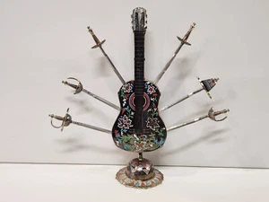 VINTAGE: SERENADE CANAPE SKEWERS SET ON CORK GUITAR - FROM TOLEDO SPAIN - Picture 1 of 10