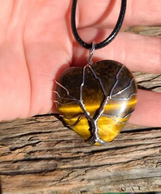 Tiger's Eye Tree Of Life Heart Choker With Lobster Clasp Necklace Leather — 第 1/4 张图片