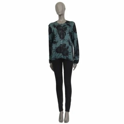 60474 auth PRADA teal & black silk FLORAL Crew Neck Cardigan Sweater 44 L - Image 1 of 4