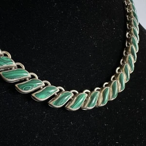 Vintage Malachite Link Necklace VBV Taxco Mexico Fine Sterling Silver 950 112g - Picture 1 of 12