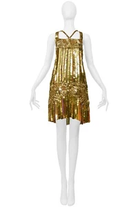 VINTAGE ROBERTO CAVALLI GOLD SEQUIN, PAILLETTE & BEADED MINI FLAPPER DRESS - Picture 1 of 14
