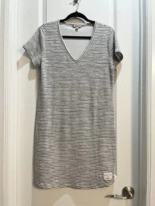 Calvin Klein Gray/White Stripes Vneck Short Sleeve T-shirt Dress Large Logo - Picture 1 of 8
