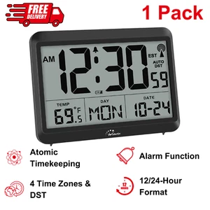Atomic Digital Clock, Large Display, Indoor Temp, Alarm, 4 Time Zones, Battery - Picture 1 of 8