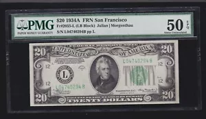 US 1934A $20 FRN San Francisco LB Block FR 2055-L PMG 50 EPQ AU (294) - Picture 1 of 2