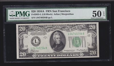 US 1934A $20 FRN San Francisco LB Block FR 2055-L PMG 50 EPQ AU (294) - Image 1 of 2