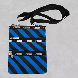 Lesportsac Womens Crossbody Shoulder Bag Purse Blue Stripe Ripstop 3 Zip Pockets - Picture 1 of 7