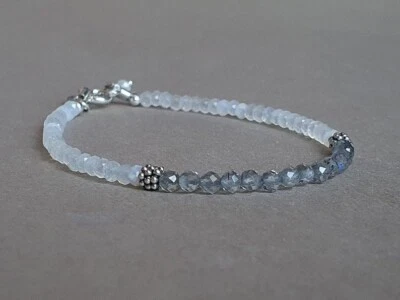 Natural Labradorite & Moonstone 2 Faceted Rondelle Gemstone Beaded Bracelet 7" - Image 1 of 4
