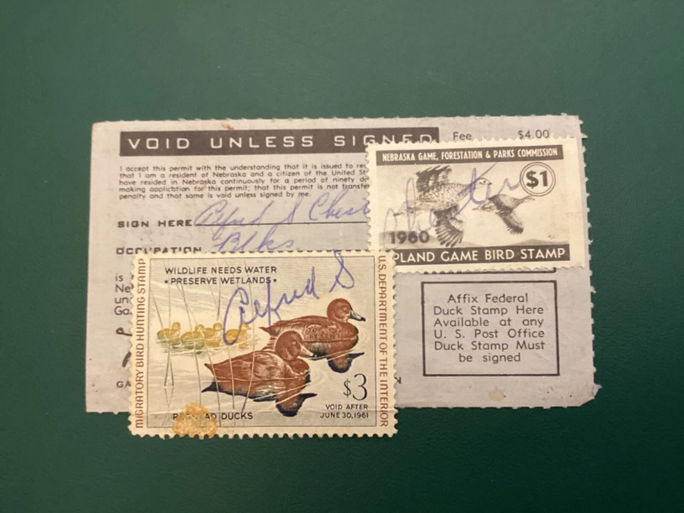 ICOLLECTZONE US RW27 Duck stamp 1960 & Nebraska Hunting stamp on license bright - Image 1 of 1