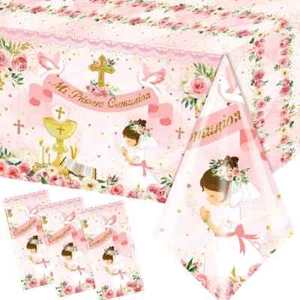 First Communion Decorations-3Pcs Pink Mi Primera Comunion Tablecloth Baptism Tab - Picture 1 of 9