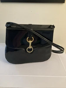 Vintage Lewis Glossy Black Handbag W/Brass Hardware Classy Old Money  - Picture 1 of 9