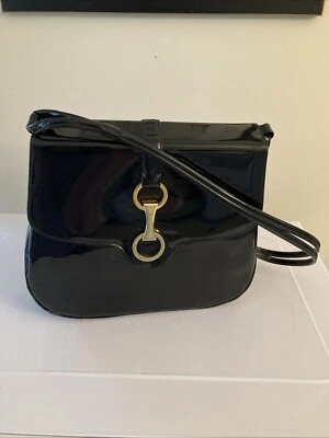Bolso de mano Lewis negro brillante vintage con herrajes de latón elegante dinero antiguo  Foto 1 de 4