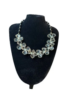 Vintage Silver Tone Floral Bib Necklace Rhinestone Black Bead Boho Heirloom - Picture 1 of 5
