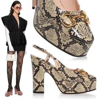 GUCCI SHOES PYTHON PRINT LEATHER w HORSEBIT PLATFORM SLINGBACK $1100 39 9 US - Image 1 of 4